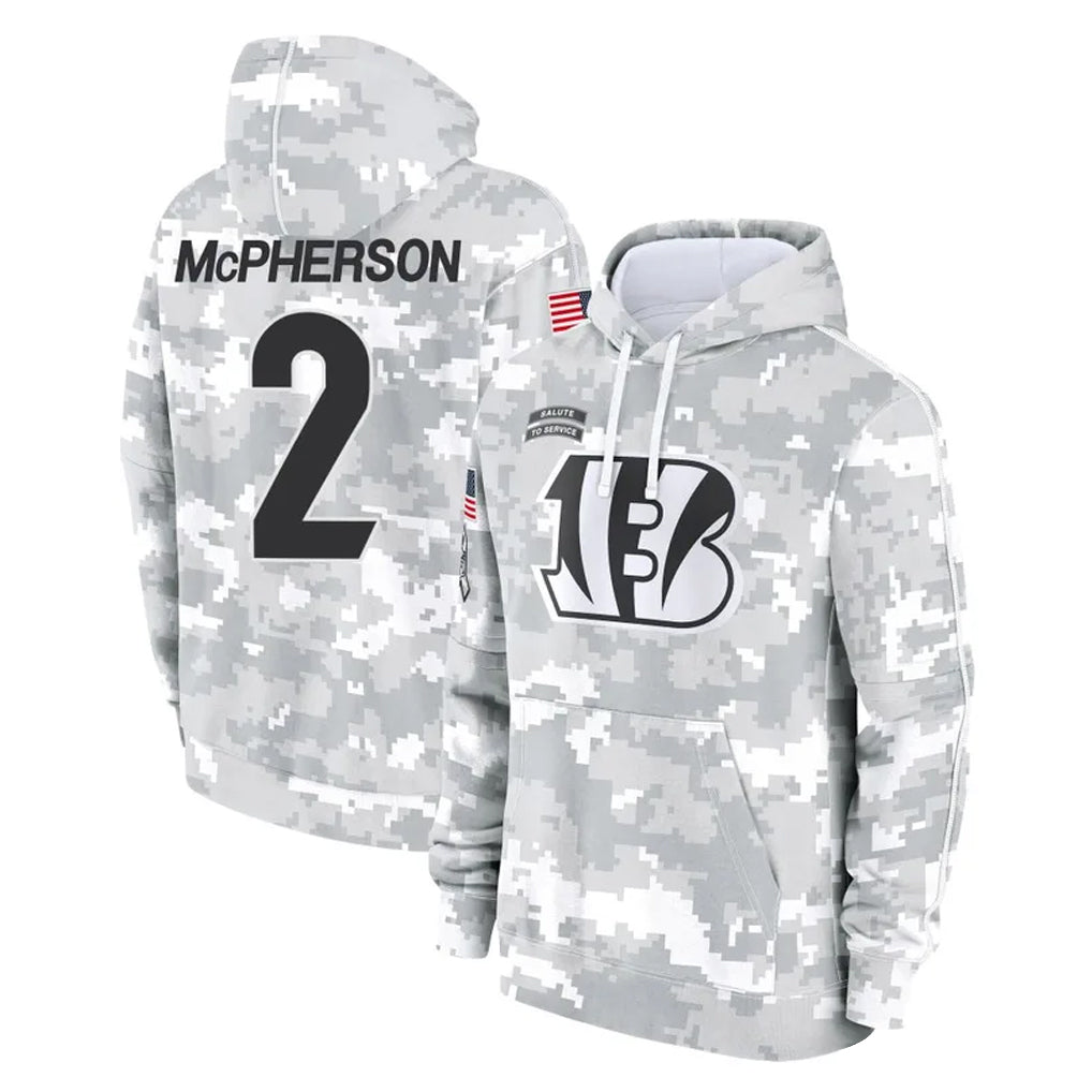 C.Bengals #2 Evan McPherson Player Arctic Camo Salute to Service Pullover Hoodie Limited BALCE Stitched Jerseys