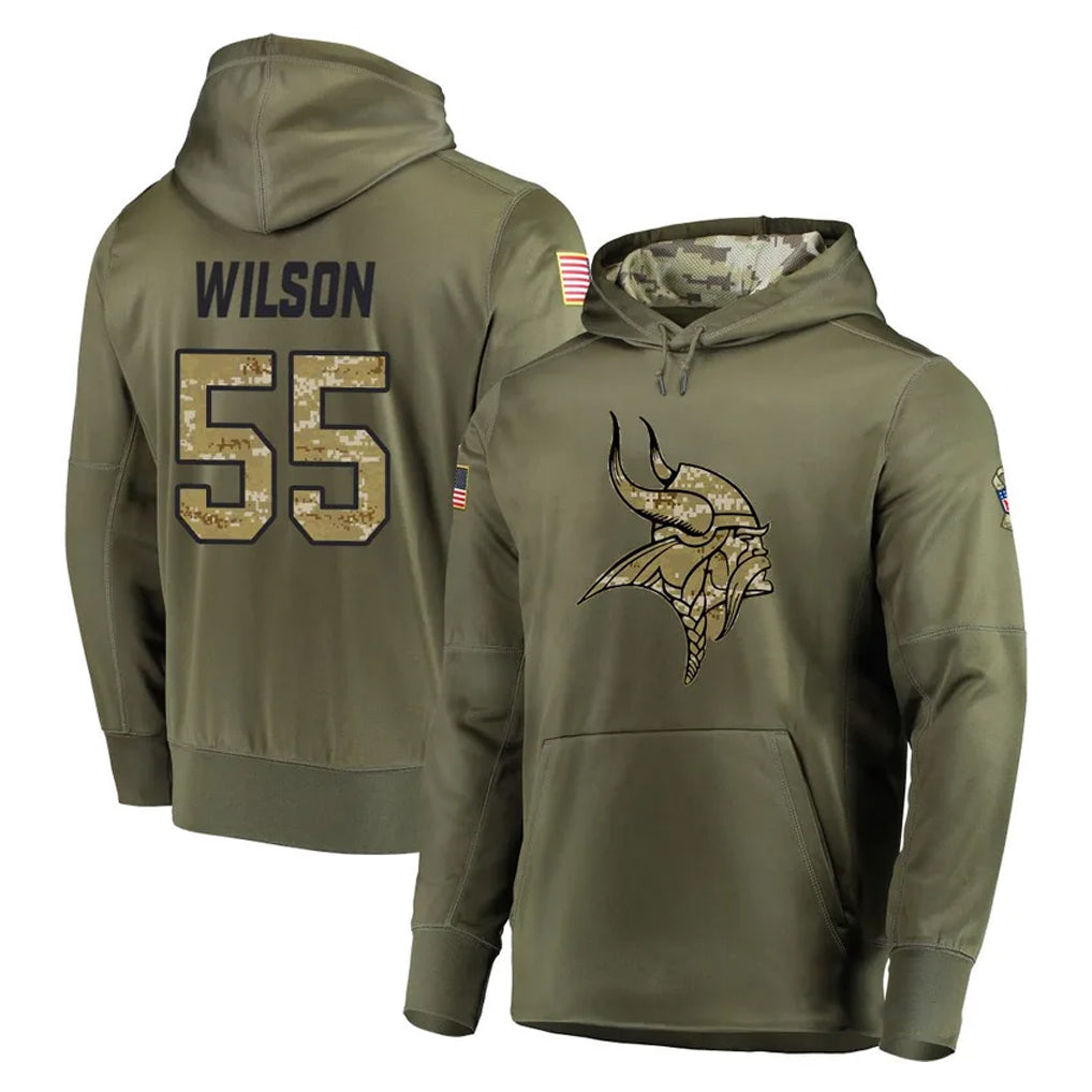 M.Vikings #55 Eric Wilson Player Olive Salute to Service Pullover Hoodies Home Game BALCE Stitched Jerseys
