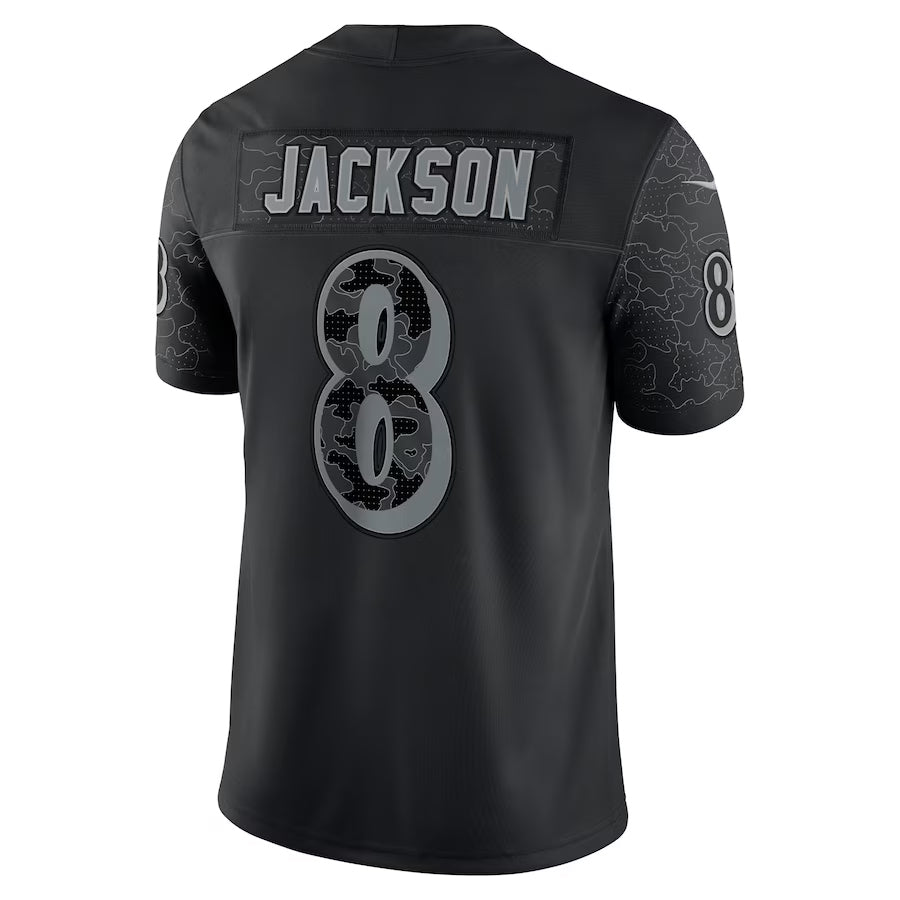 B.Ravens #8 Lamar Jackson Player Black REFLECTIVE Limited BALCE Stitched Jerseys