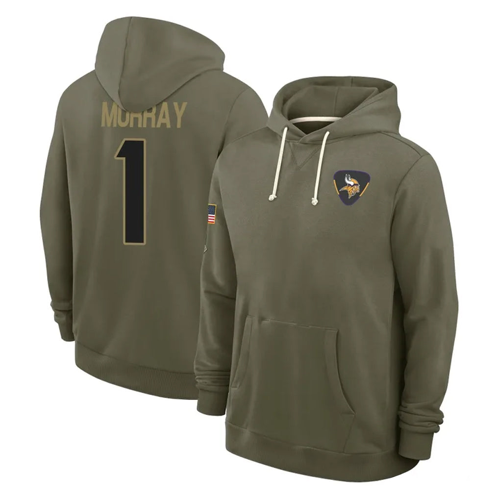 M.Vikings #1 Kyler Murray Player Olive Salute to Service Pullover Hoodies Limited BALCE Stitched Jerseys