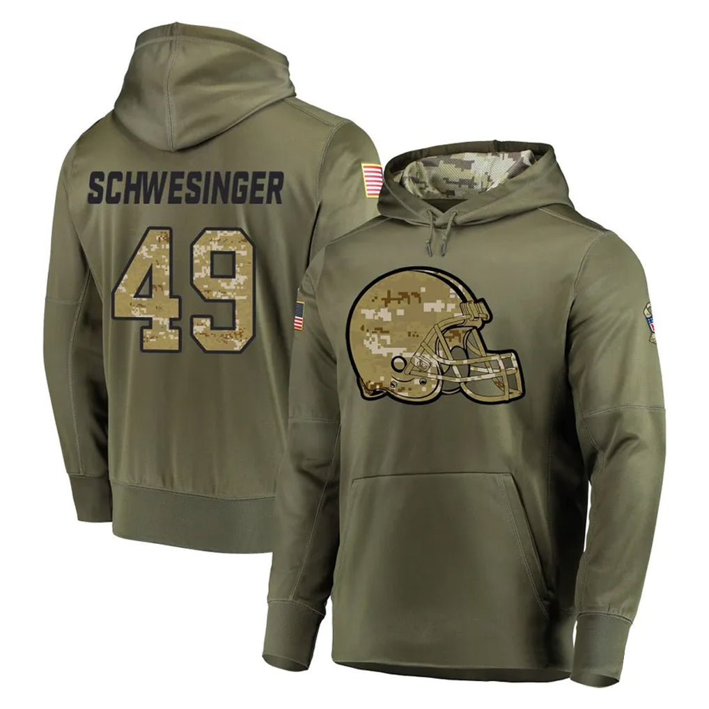 C.Browns #49 Carson Schwesinger Player Olive Salute to Service Pullover Hoodies Home Game BALCE Stitched Jerseys