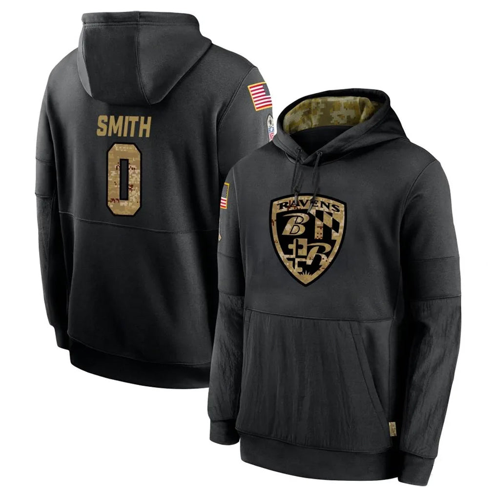 B.Ravens #0 Roquan Smith Player Black Salute to Service Pullover Hoodie BALCE Stitched Jerseys