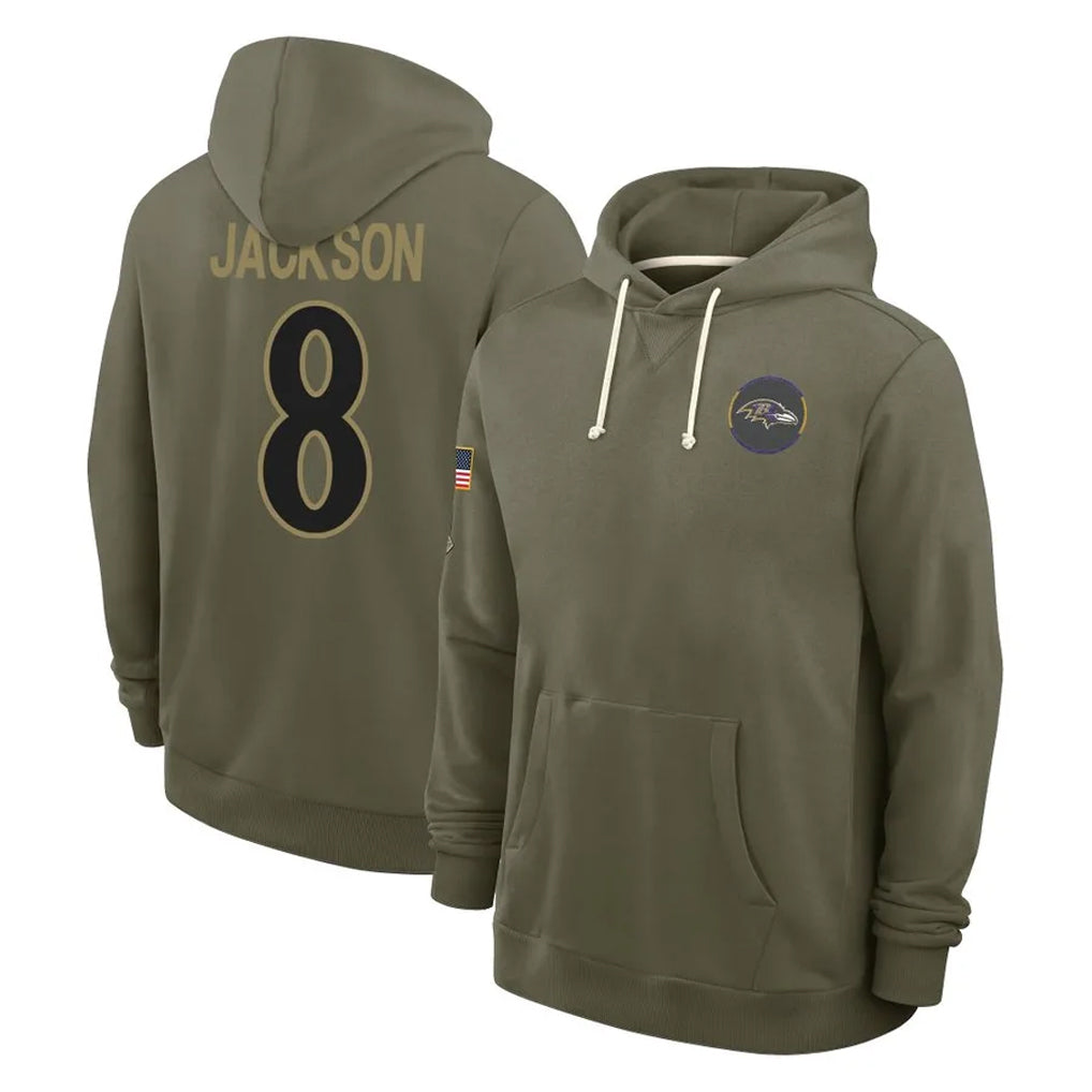 B.Ravens #8 Lamar Jackson Player Olive Salute to Service Hoodie BALCE Stitched Jerseys