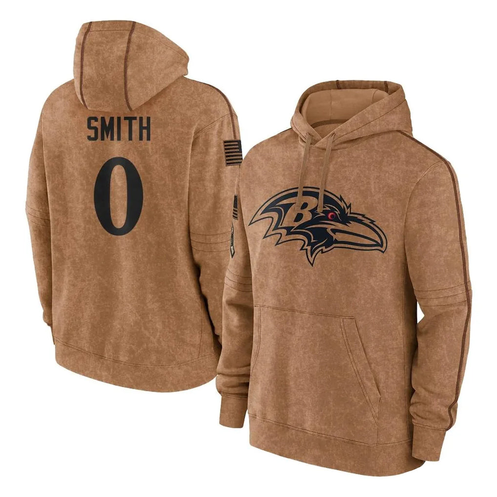 B.Ravens #0 Roquan Smith Player Brown Salute to Service Pullover Hoodie BALCE Stitched Jerseys