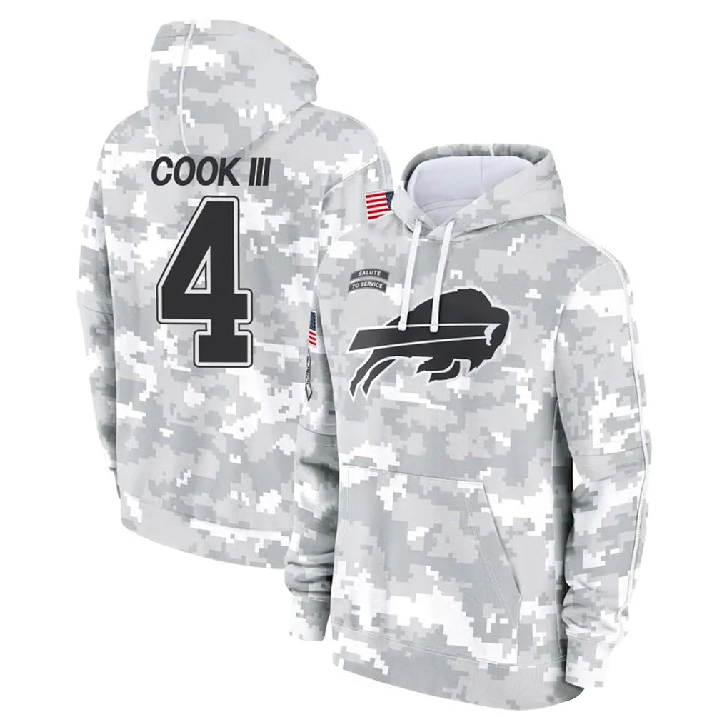 B.Bills #4 James Cook III Player Arctic Camo Salute to Service Hoodies Game BALCE Stitched Jerseys