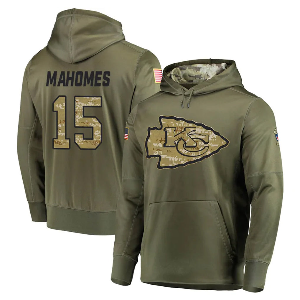 KC.Chiefs #15 Patrick Mahomes Player Olive Salute to Service Pullover Hoodies Home Game BALCE Stitched Jerseys