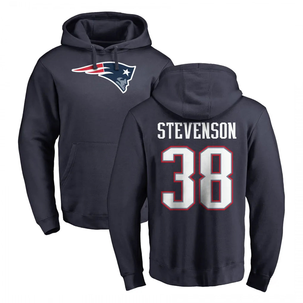 NE.Patriots #38 Rhamondre Stevenson Player Navy LOGO Pullover Hoodies Home Game BALCE Stitched Jerseys