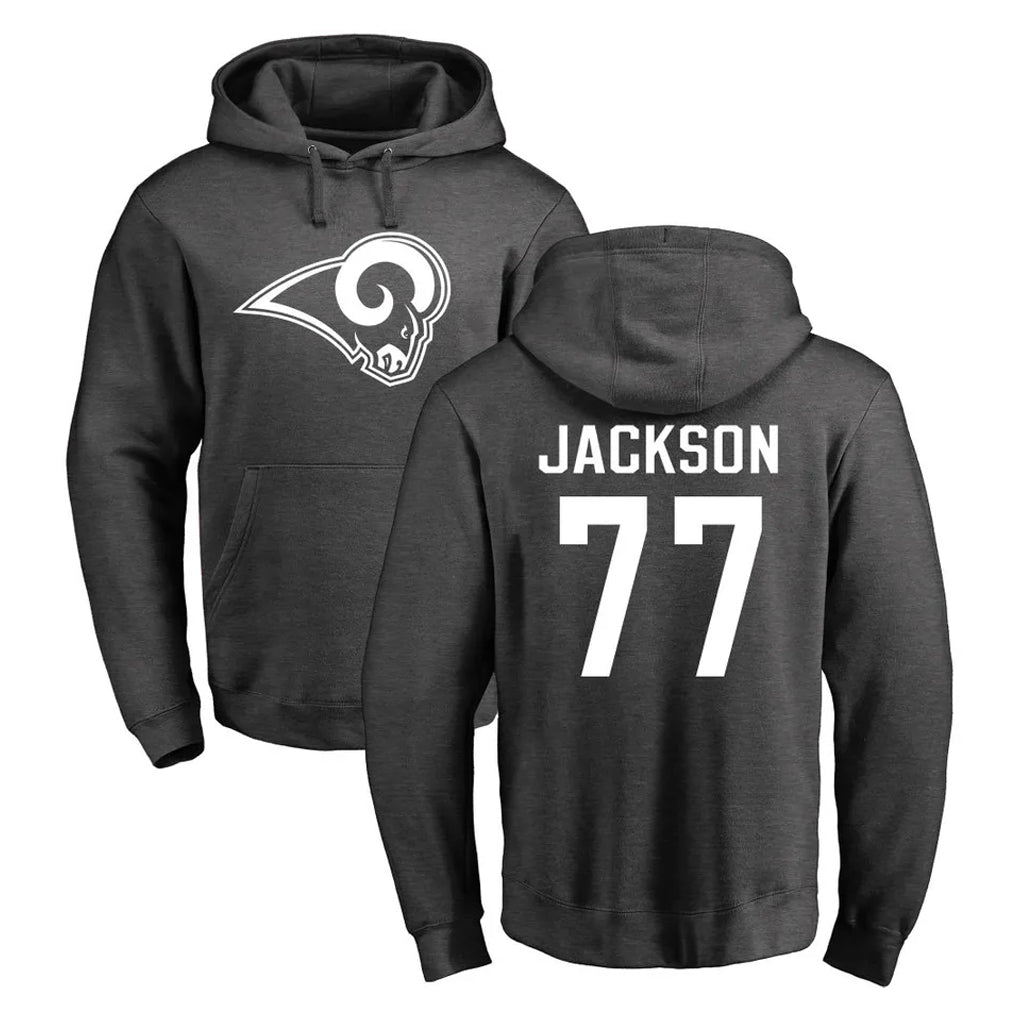LA.Rams #77 Alaric Jackson Player Gray Pullover Hoodie Limited Game BALCE Stitched Jerseys