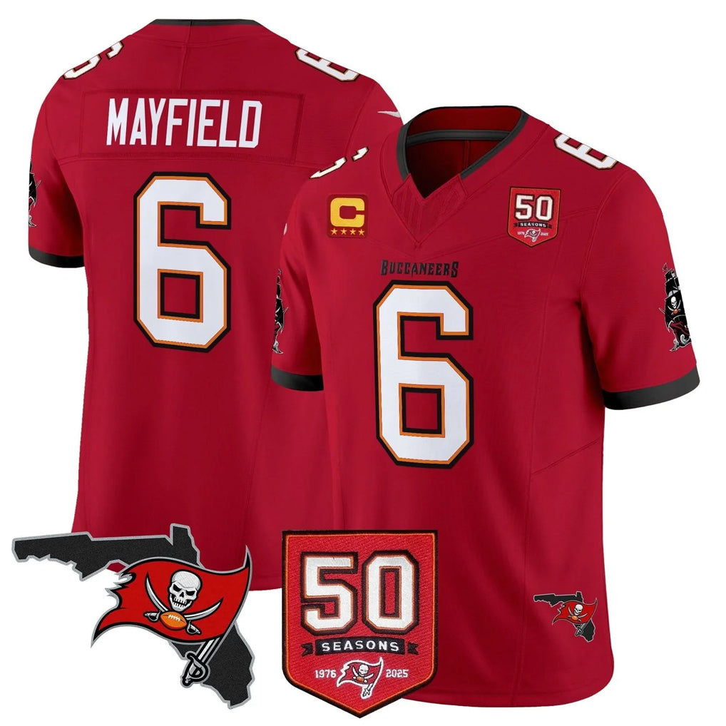 TB.Buccaneers #6 Baker Mayfield Player Red 50th Season Vapor Limited Home Game BALCE Stitched Jerseys
