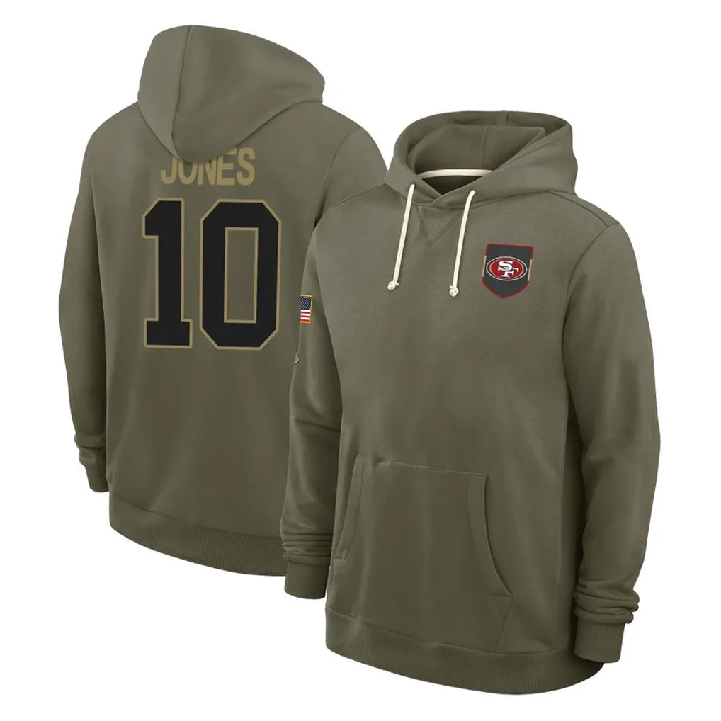 SF.49ers #10 Mac Jones Player Olive Salute to Service Pullover Hoodies Limited BALCE Stitched Jerseys