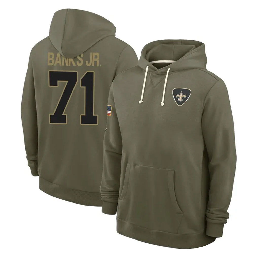 NO.Saints #71 Kelvin Banks Jr. Player Olive Salute to Service Pullover Hoodies Limited BALCE Stitched Jerseys