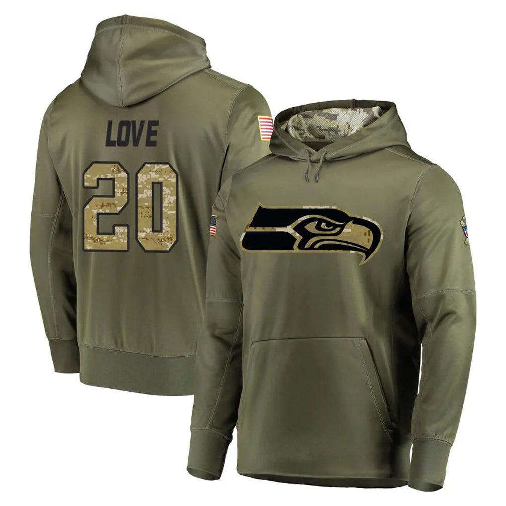 S.Seahawks #20 Julian Love Player Olive Salute to Service Pullover Hoodie Home Game BALCE Stitched Jerseys