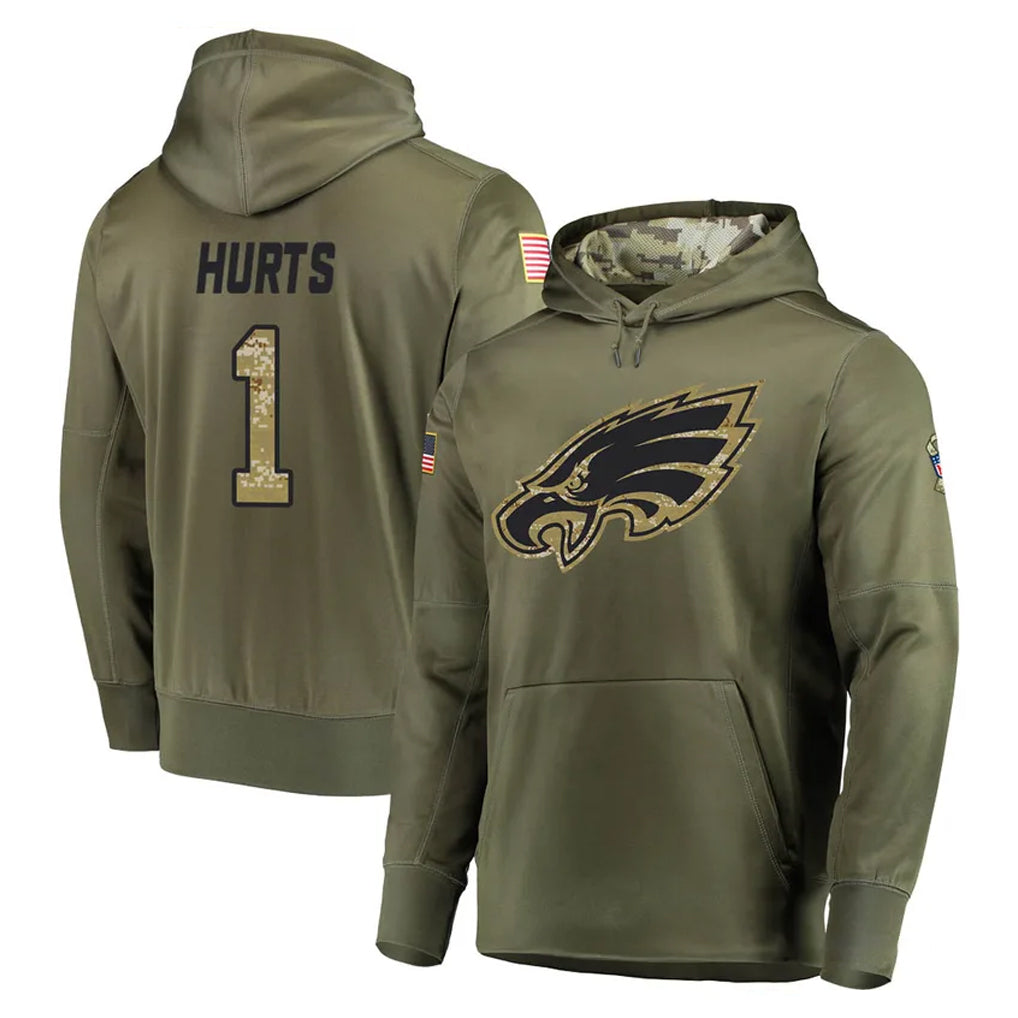 P.Eagles #1 Jalen Hurts Player Olive Salute to Service Pullover Hoodies Home Game BALCE Stitched Jerseys