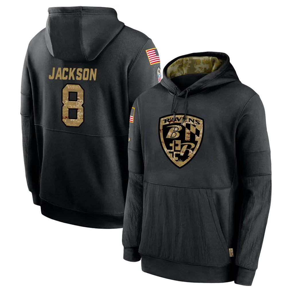 B.Ravens #8 Lamar Jackson Player Black Salute to Service Pullover Hoodie BALCE Stitched Jerseys
