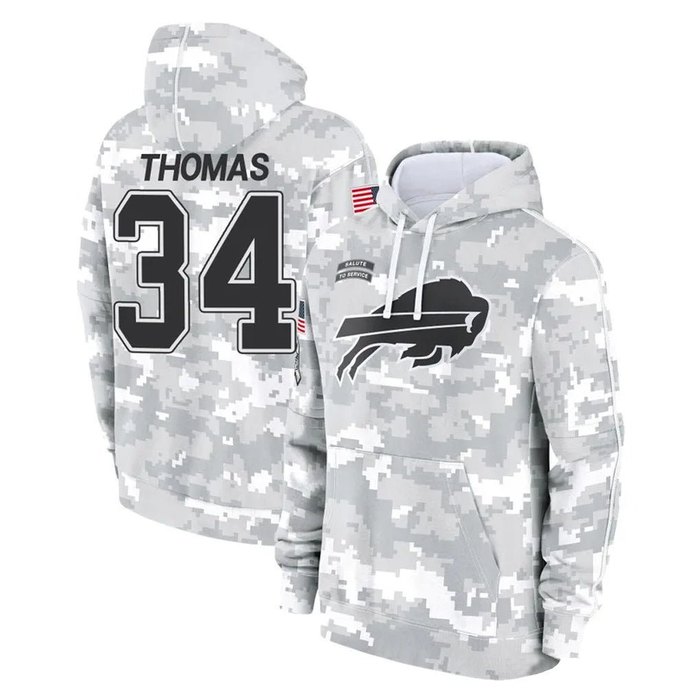 B.Bills #34 Thurman Thomas Player Arctic Camo Salute to Service Hoodies Limited BALCE Stitched Jerseys