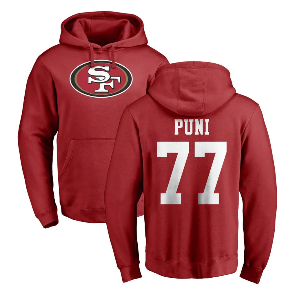 SF.49ers #77 Dominick Puni Player Red LOGO Pullover Hoodies Home Game BALCE Stitched Jerseys
