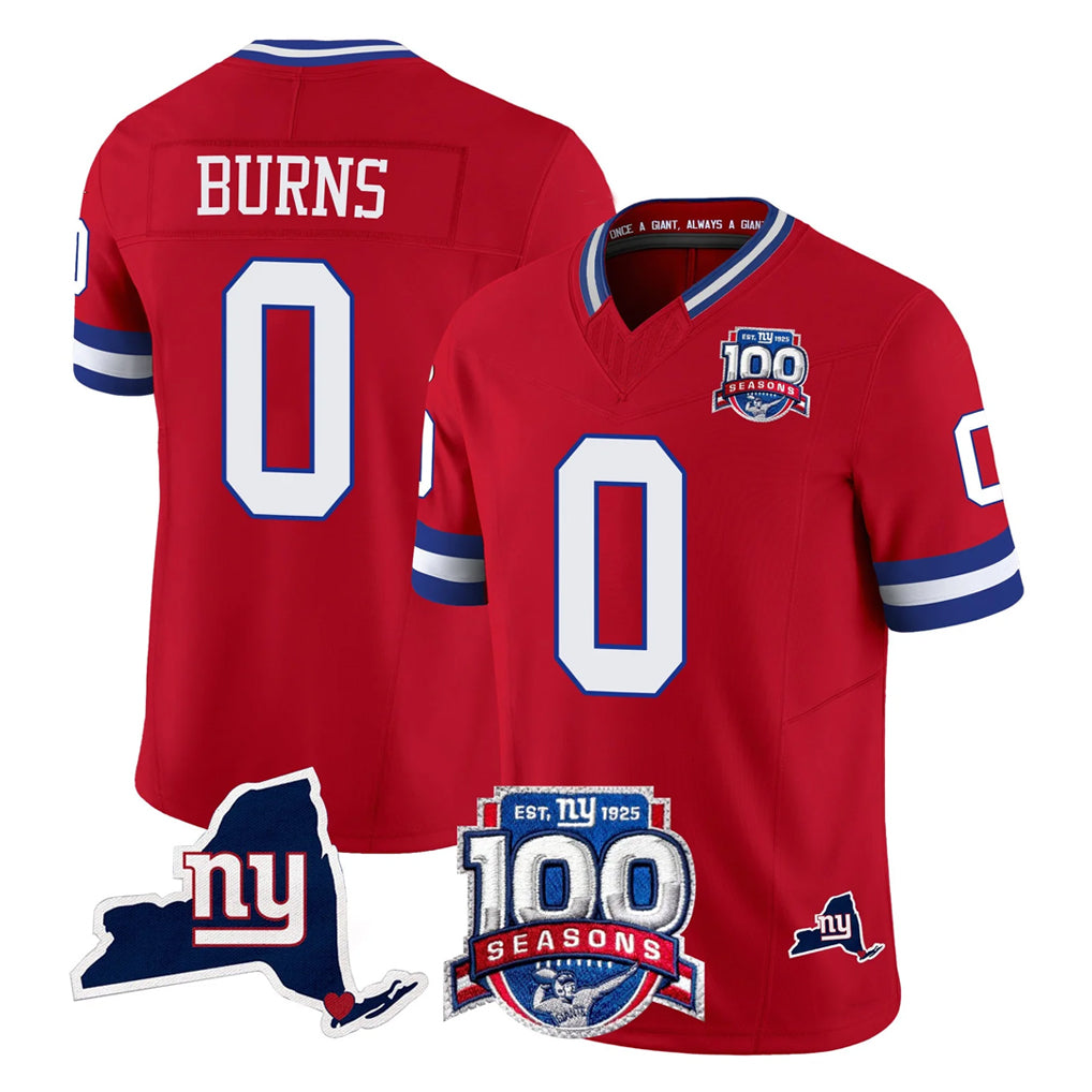 NY.Giants #0 Brian Burns Player Red 100th Season & State Patch Vapor Limited Home Game BALCE Stitched Jerseys