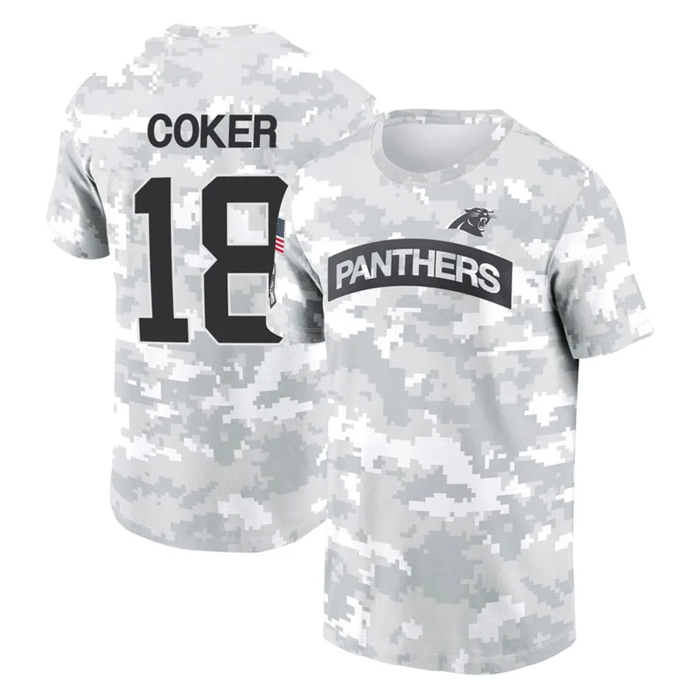C.Panthers #18 Jalen Coker Player Arctic Camo Salute to Service T-Shirt Hoodies BALCE Stitched Jerseys