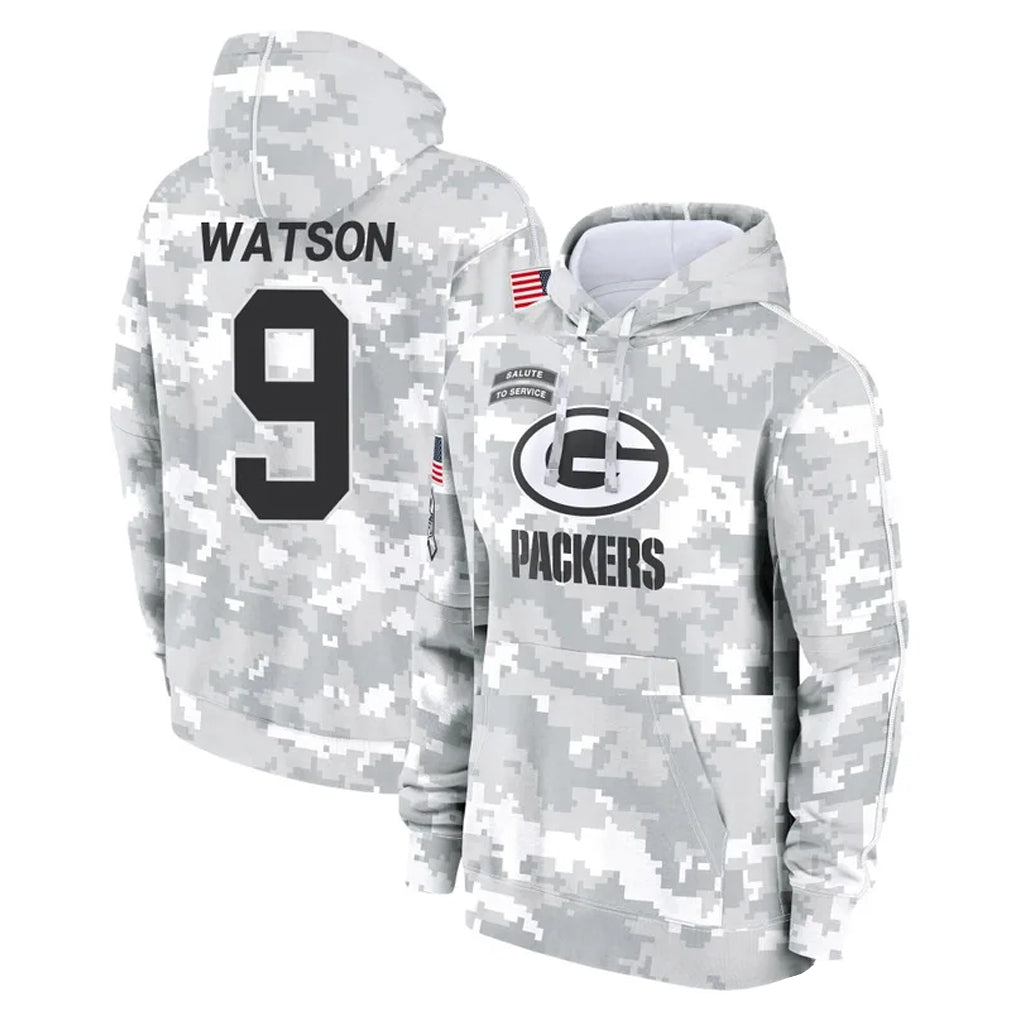 GB.Packers #9 Christian Watson Player Arctic Camo Salute to Service Hoodies Limited Game BALCE Stitched Jerseys