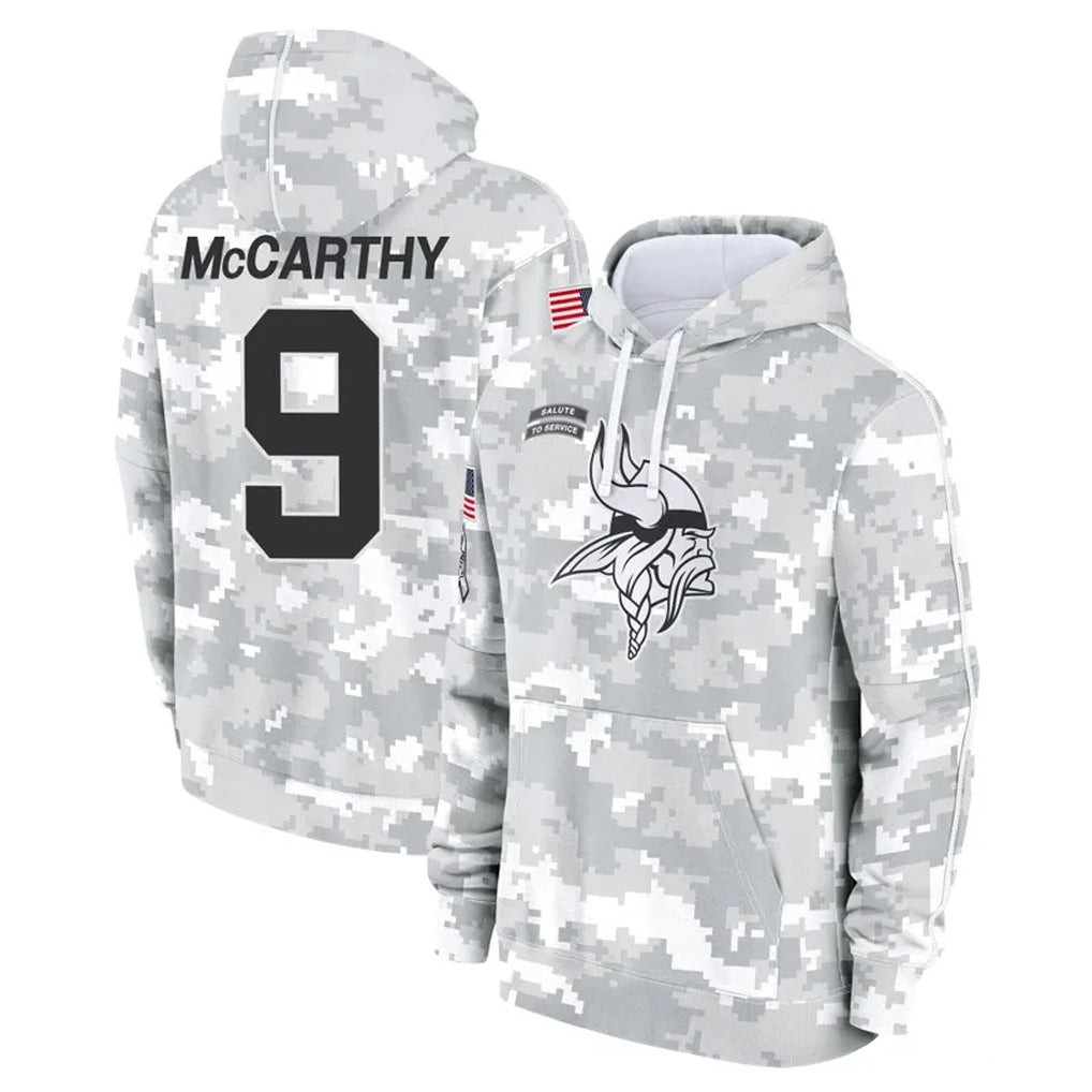 M.Vikings #9 J.J. McCarthy Player Arctic Camo Salute to Service Pullover Hoodies Limited Game BALCE Stitched Jerseys