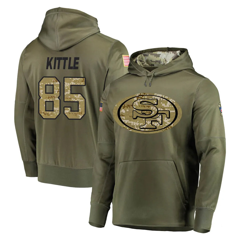 SF.49ers #85 George Kittle Player Olive Salute to Service Pullover Hoodie Home Game BALCE Stitched Jerseys