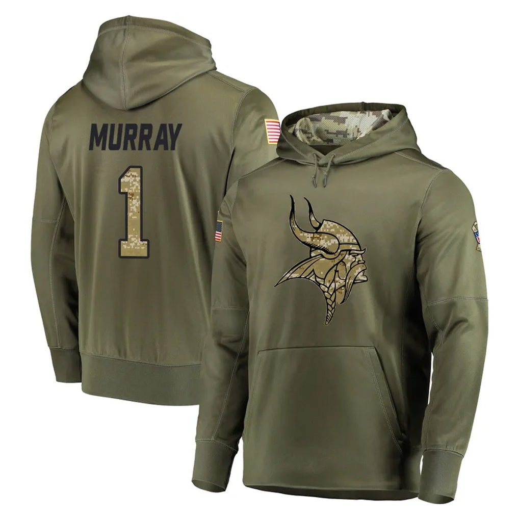M.Vikings #1 Kyler Murray Player Olive Salute to Service Pullover Hoodies Home Game BALCE Stitched Jerseys
