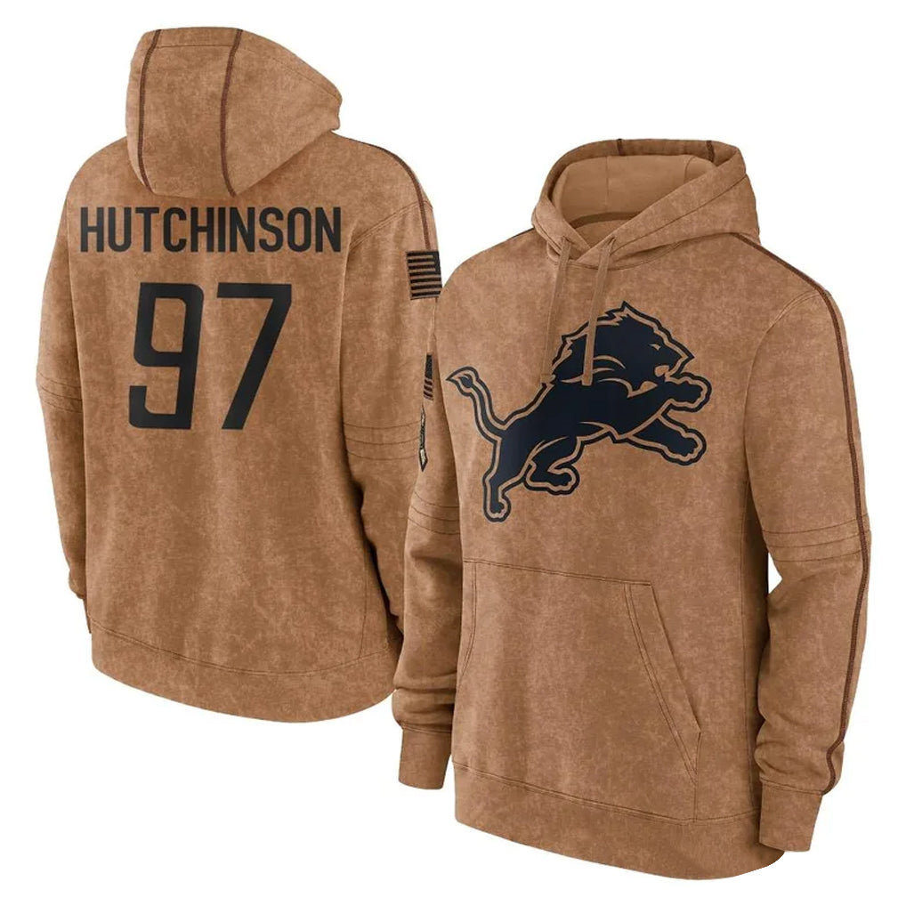 D.Lions #97 Aidan Hutchinson Player Brown Salute to Service Hoodies Limited Game BALCE Stitched Jerseys