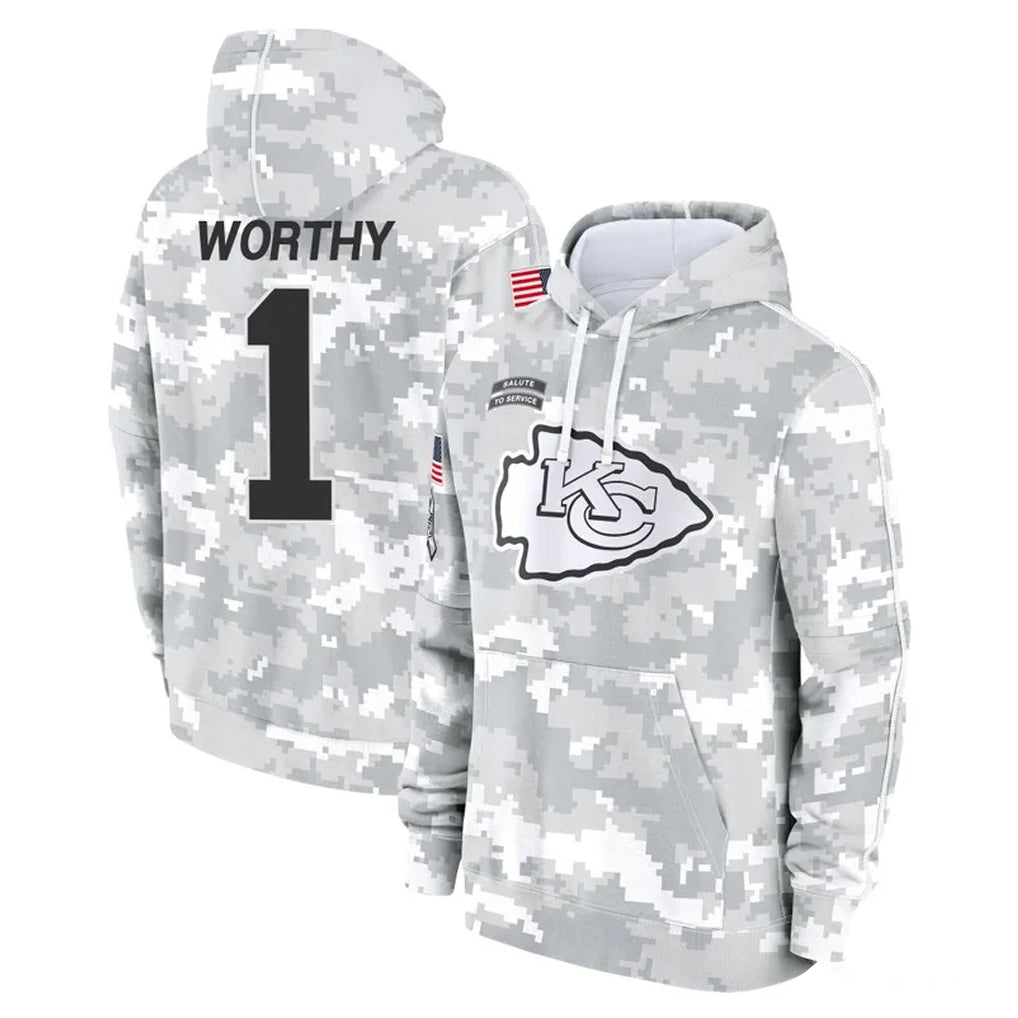 KC.Chiefs #1 Xavier Worthy Player Arctic Camo Salute to Service Hoodies Limited Game BALCE Stitched Jerseys