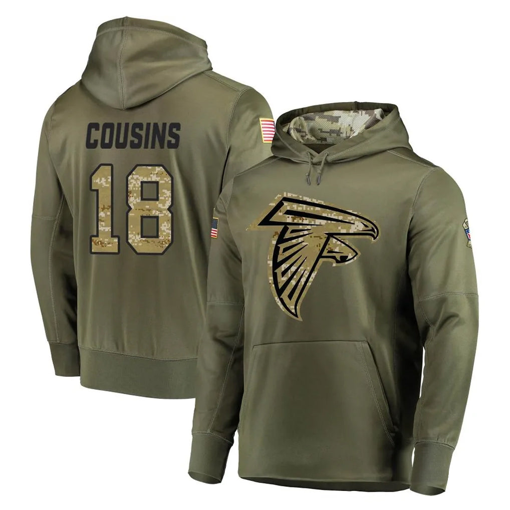A.Falcons #18 Kirk Cousins Player Olive Salute to Service Club Fleece Hoodie BALCE Stitched Jerseys