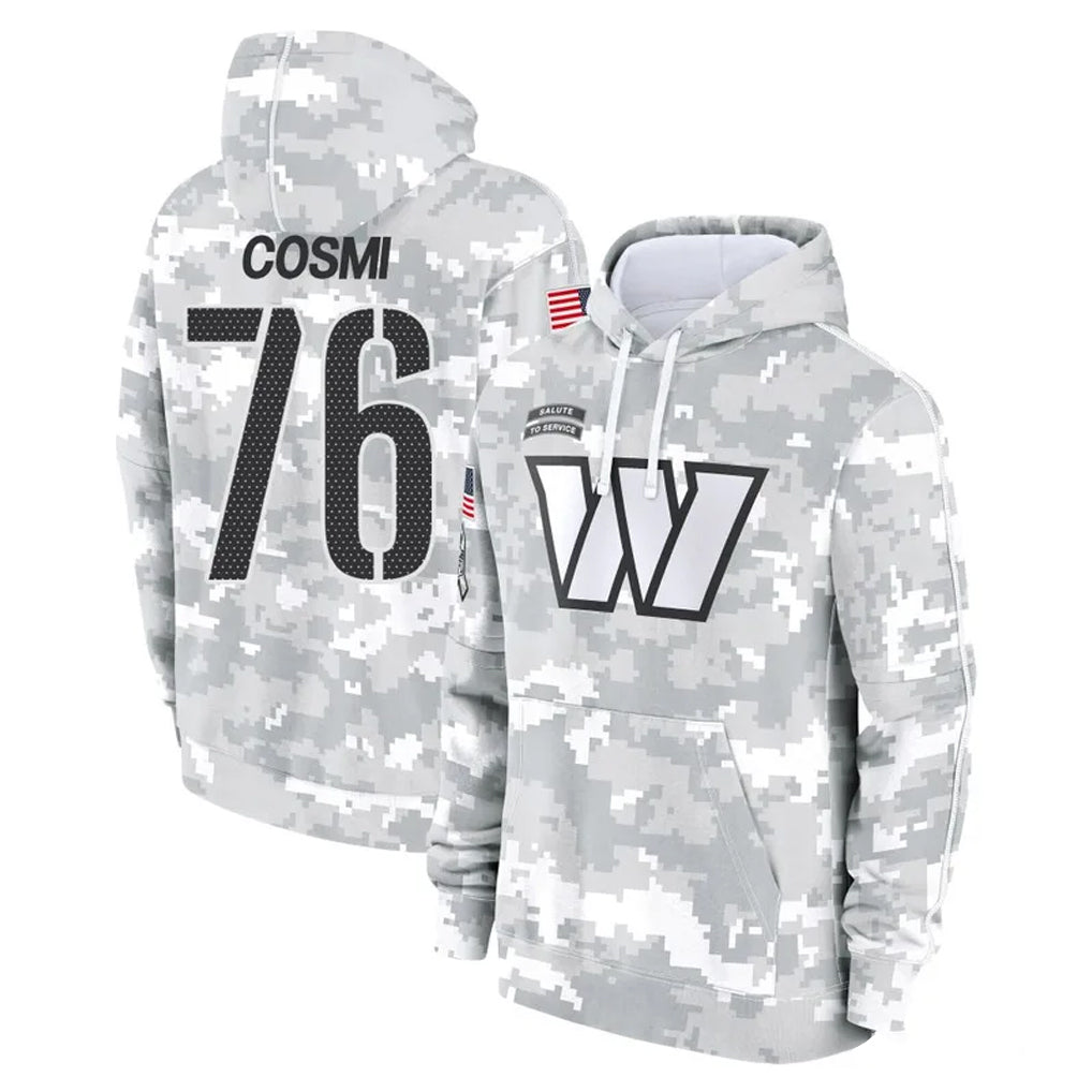 W.Commanders #76 Sam Cosmi Player Arctic Camo Limited Salute to Service Pullover Hoodies Game BALCE Stitched Jerseys
