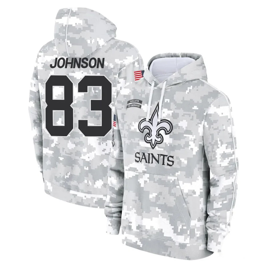 NO.Saints #83 Juwan Johnson Player Arctic Camo Salute to Service Pullover Hoodies Limited Game BALCE Stitched Jerseys