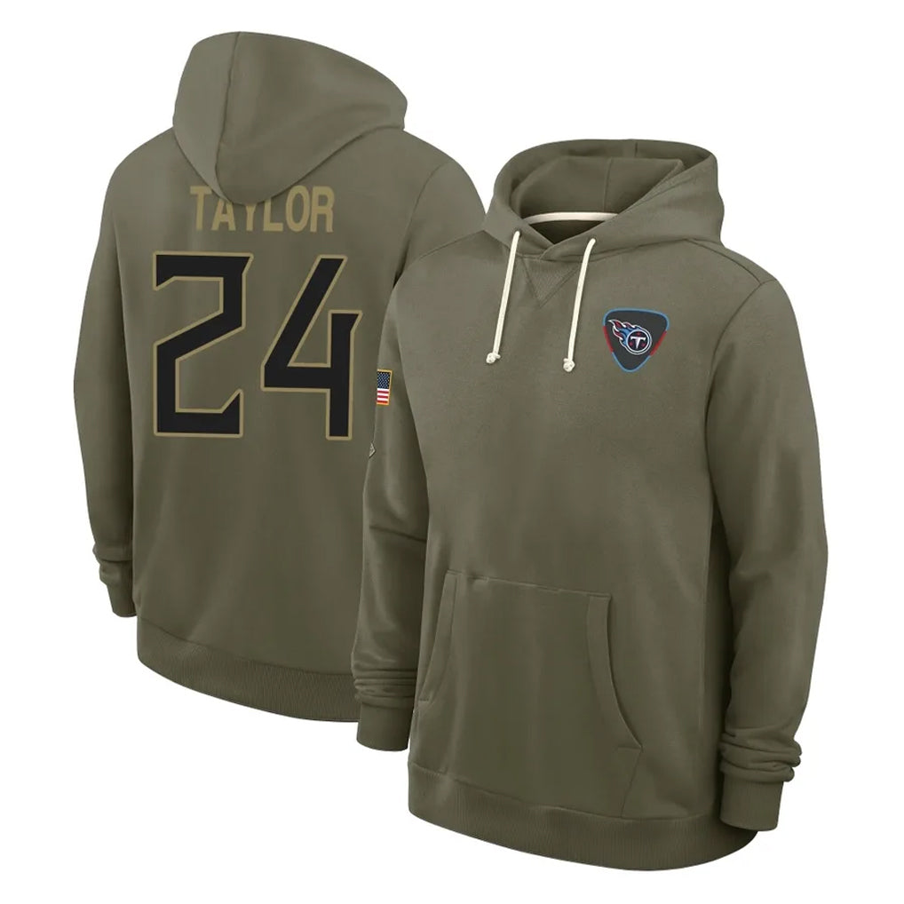 T.Titans #24 Alontae Taylor Player Olive Salute to Service Hoodies Home Game BALCE Stitched Jerseys