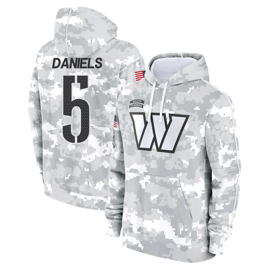 W.Commanders #5 Jayden Daniels Player Arctic Camo Limited Salute to Service Pullover Hoodies Game BALCE Stitched Jerseys