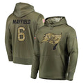 TB.Buccaneers #6 Baker Mayfield Player Olive Salute to Service Pullover Hoodie Home Game BALCE Stitched Jerseys