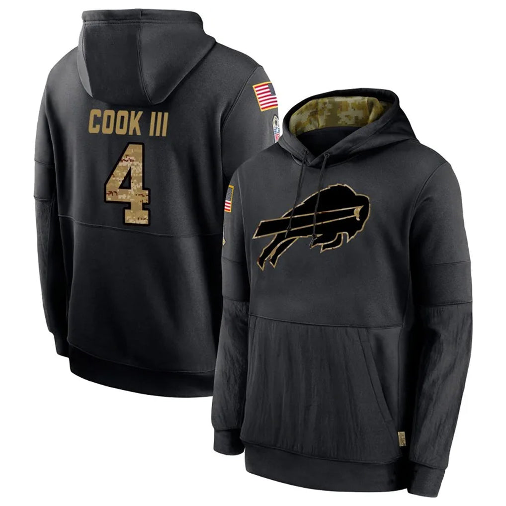 B.Bills #4 James Cook III Player Black Salute to Service Hoodies Hame BALCE Stitched Jerseys