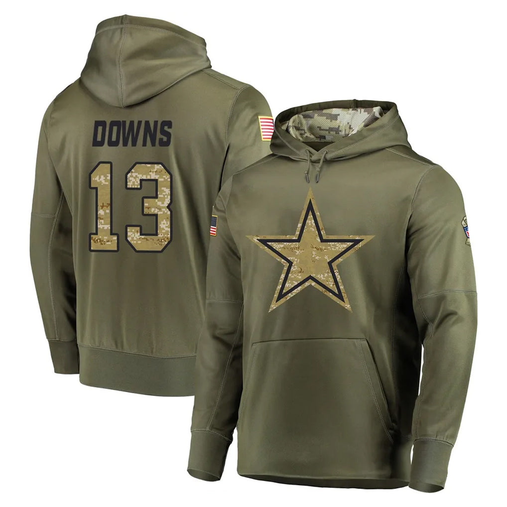D.Cowboys #13 Caleb Downs Player Olive Salute to Service Pullover Hoodies Home Game BALCE Stitched Jerseys