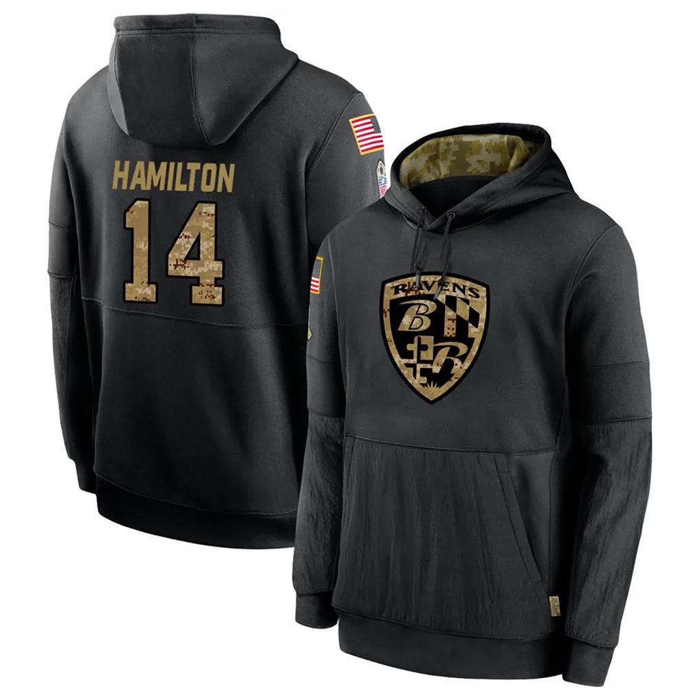 B.Ravens #14 Kyle Hamilton Player Black Salute to Service Pullover Hoodie BALCE Stitched Jerseys