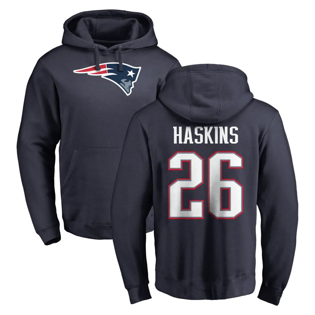 NE.Patriots #26 Hassan Haskins Player Navy LOGO Pullover Hoodies Home Game BALCE Stitched Jerseys