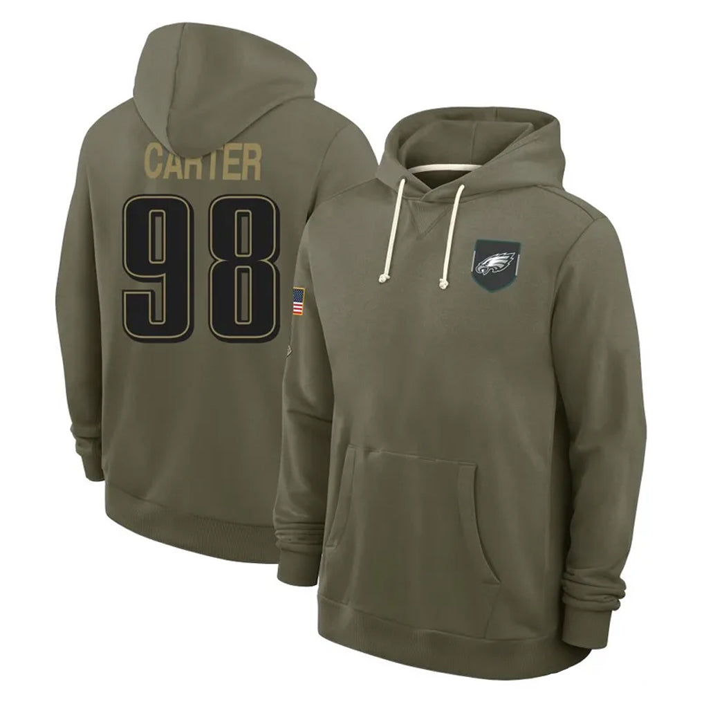 P.Eagles #98 Jalen Carter Player Olive Salute to Service Pullover Hoodies Limited BALCE Stitched Jerseys