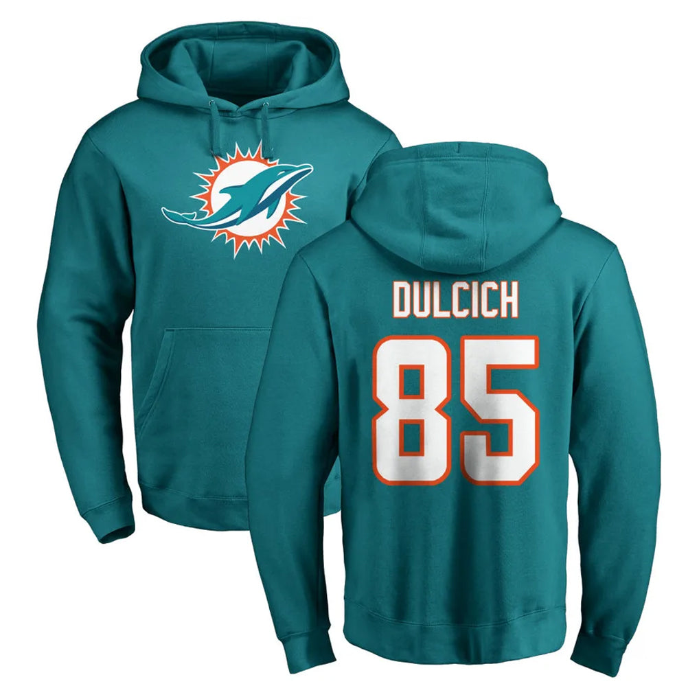 M.Dolphins #85 Greg Dulcich Player Aqua LOGO Pullover Hoodies Limited BALCE Stitched Jerseys