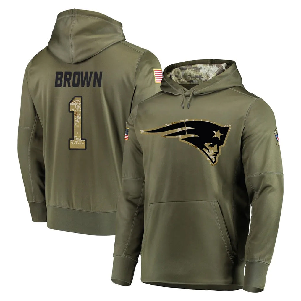NE.Patriots #1 A.J. Brown Player Olive Salute to Service Pullover Hoodies Home Game BALCE Stitched Jerseys