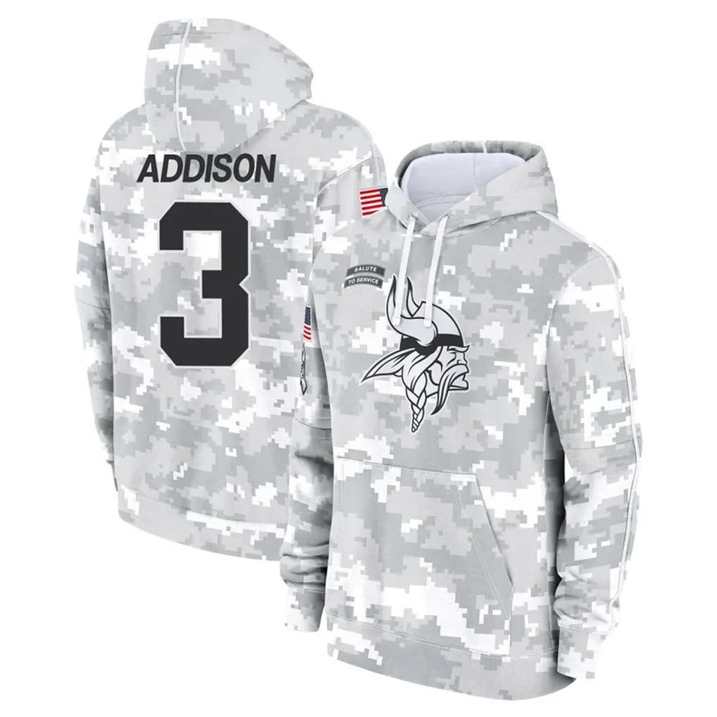 M.Vikings #3 Jordan Addison Player Arctic Camo Salute to Service Pullover Hoodies Limited Game BALCE Stitched Jerseys