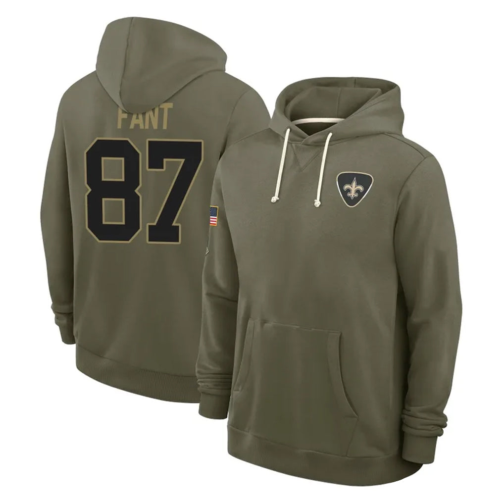 NO.Saints #87 Noah Fant Player Olive Salute to Service Pullover Hoodies Limited BALCE Stitched Jerseys