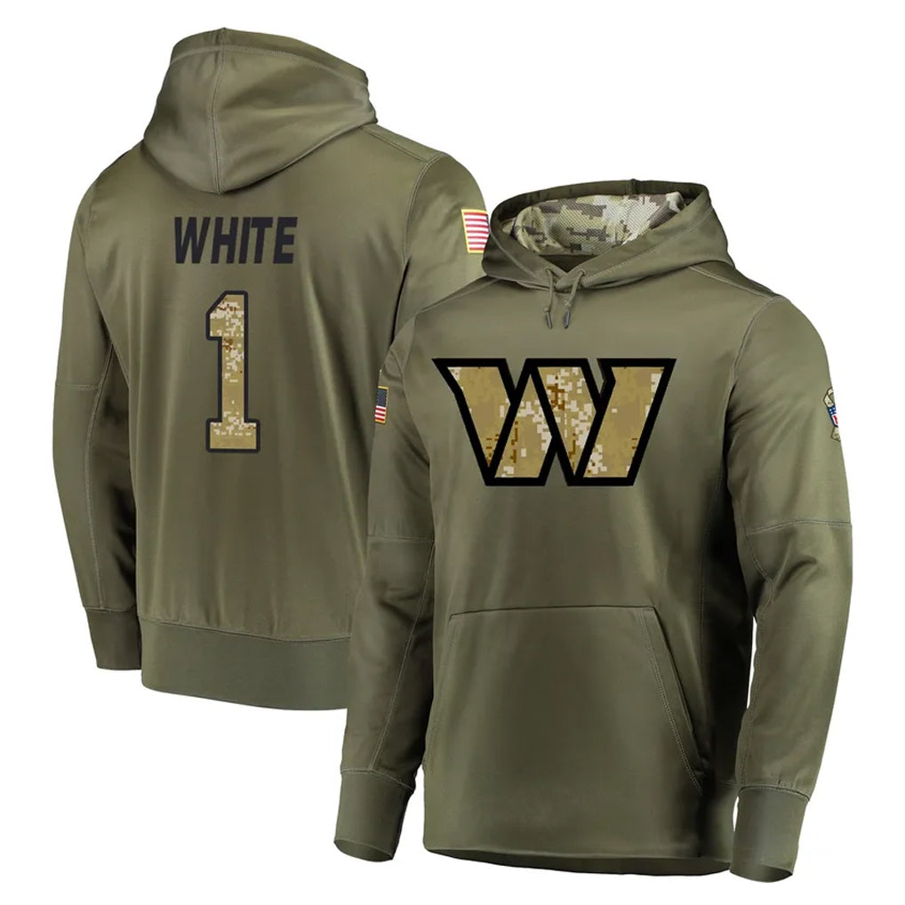 W.Commanders #1 Rachaad White Player Olive Salute to Service Pullover Hoodie Limited Home Game BALCE Stitched Jerseys