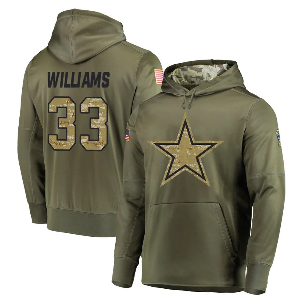 D.Cowboys #33 Javonte Williams Player Olive Salute to Service Pullover Hoodies Home Game BALCE Stitched Jerseys