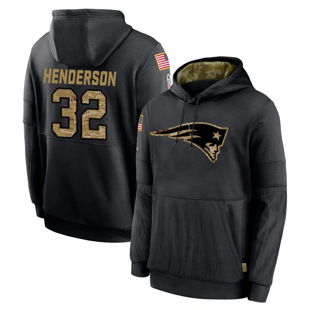 NE.Patriots #32 TreVeyon Henderson Player Black Salute to Service Hoodies Limited Game BALCE Stitched Jerseys