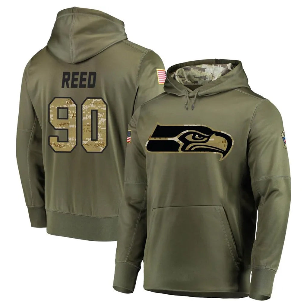 S.Seahawks #90 Jarran Reed Player Olive Salute to Service Pullover Hoodie Home Game BALCE Stitched Jerseys
