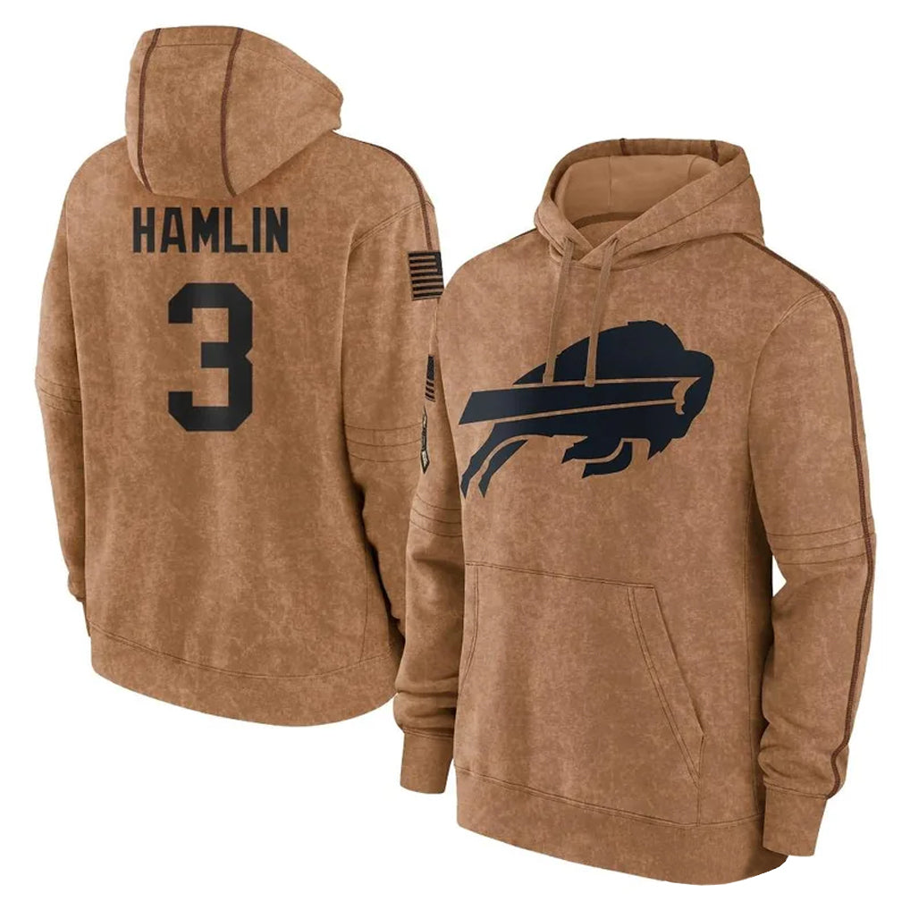 B.Bills #3 Damar Hamlin Player Brown Salute to Service Hoodies BALCE Stitched Jerseys
