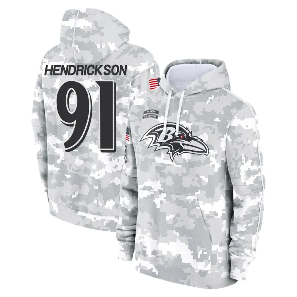 B.Ravens #91 Trey Hendrickson Player Arctic Camo Salute To Service Hoodie BALCE Stitched Jerseys