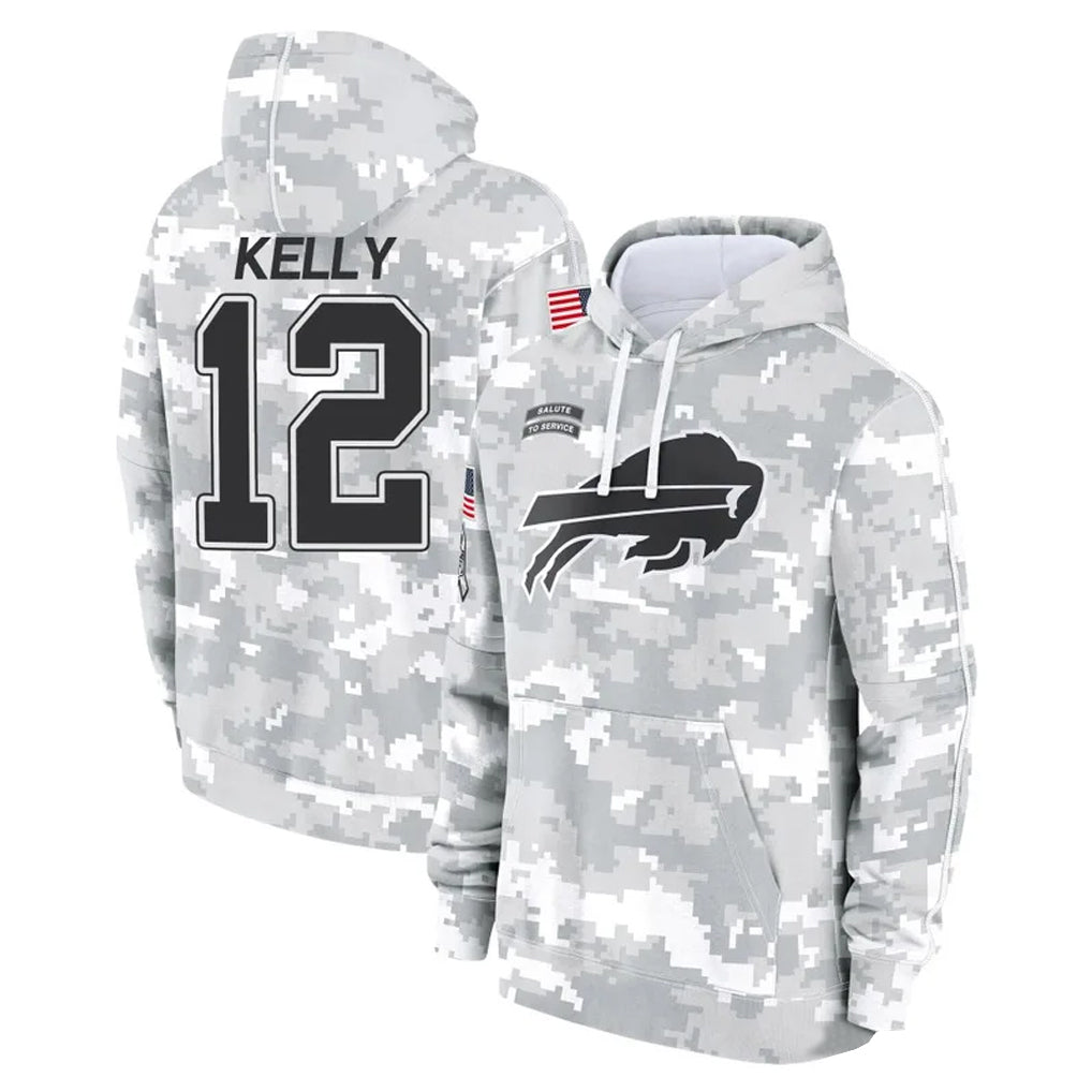 B.Bills #12 Jim Kelly Player Arctic Camo Salute to Service Hoodies Limited BALCE Stitched Jerseys